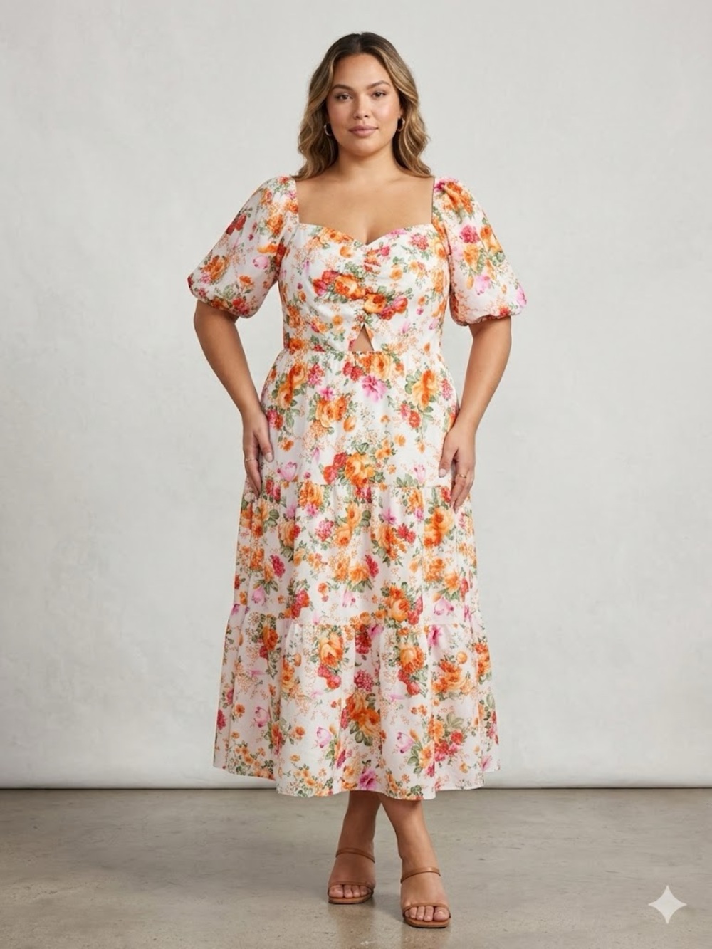 BTFBM Floral Puff-Sleeve Tiered Midi Dress in White & Orange